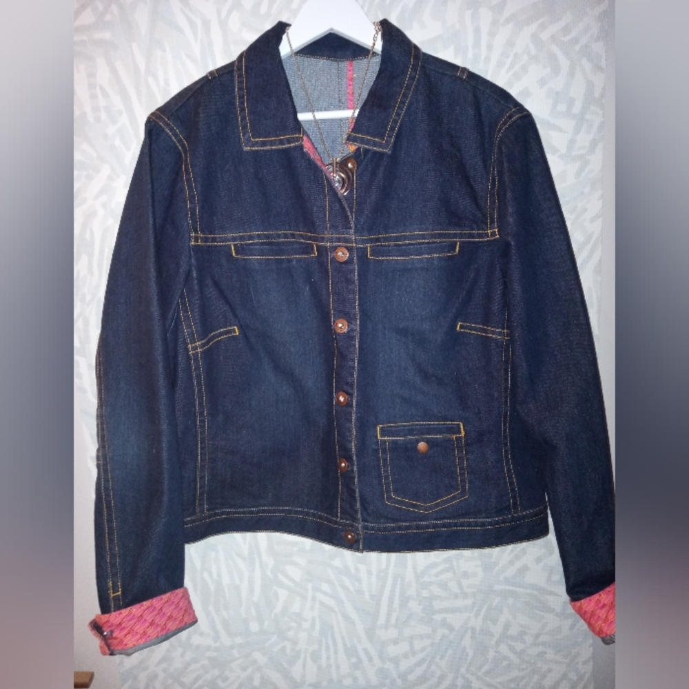 Sigrid Olsen Dark Blue Jean Jacket with Pink Accents, size large